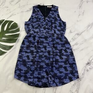 Rebecca Taylor Silk Dress Size 12 Purple Black Abstract Pleated Open Back Mini